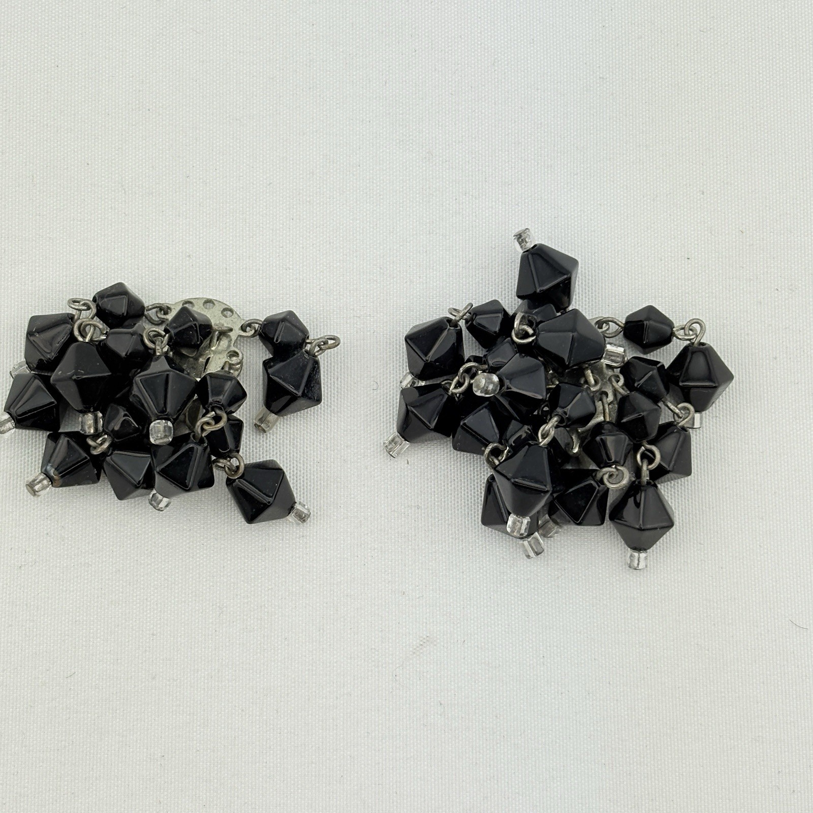 Vintage Japanese Black/Clear Glass Bead Cluster Dangle Earrings Clip On