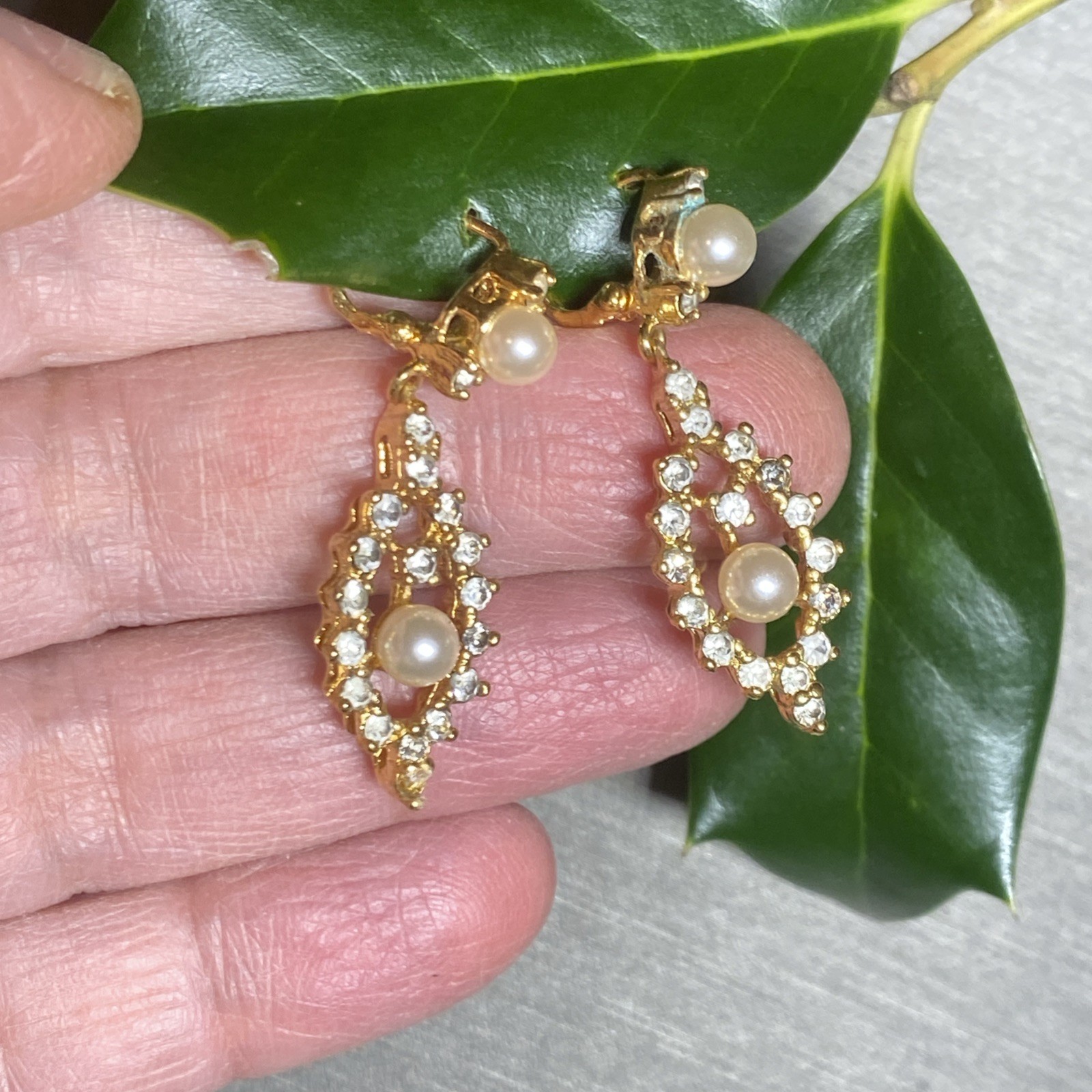 Vintage Pearl Earrings Estate Jewelry Pre-owned Gold Plated Crystal Lozenge Drop