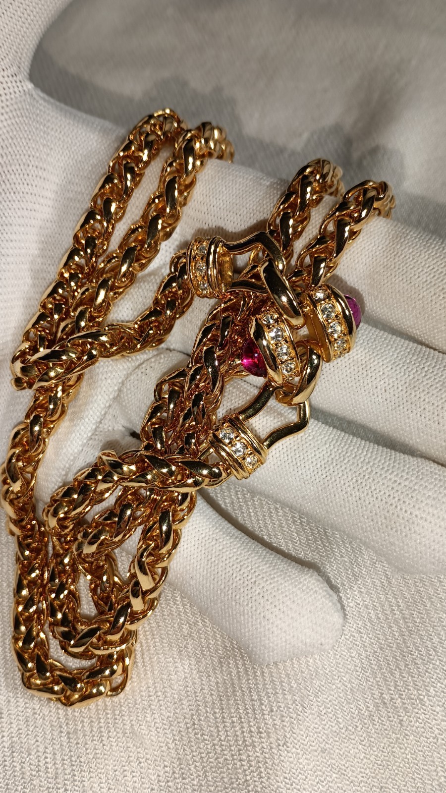 VTG Nolan Miller Chunky Red Cabochon Gold Tone Long Spiga Wheat Chain Necklace