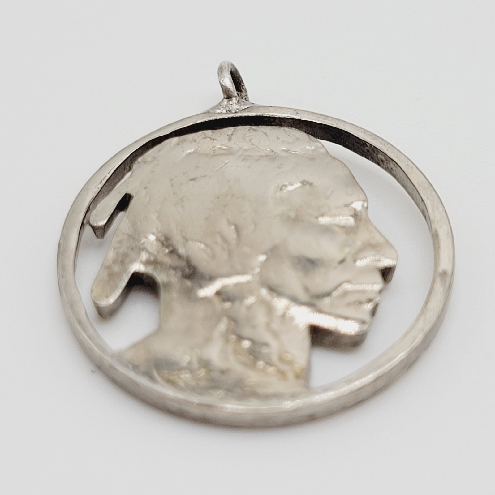 Shiny Buffalo Indian Nickel Silver Tone Cut Coin Pendant Cracked Bail For Repair