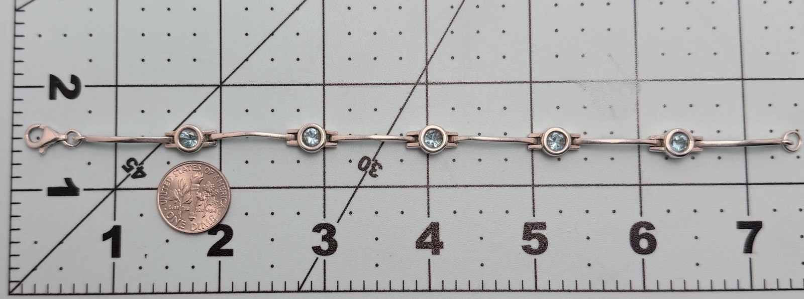 Vintage Estate Style Sterling Silver Link Bracelet Blue Crystal Glass 7.25″ 10g