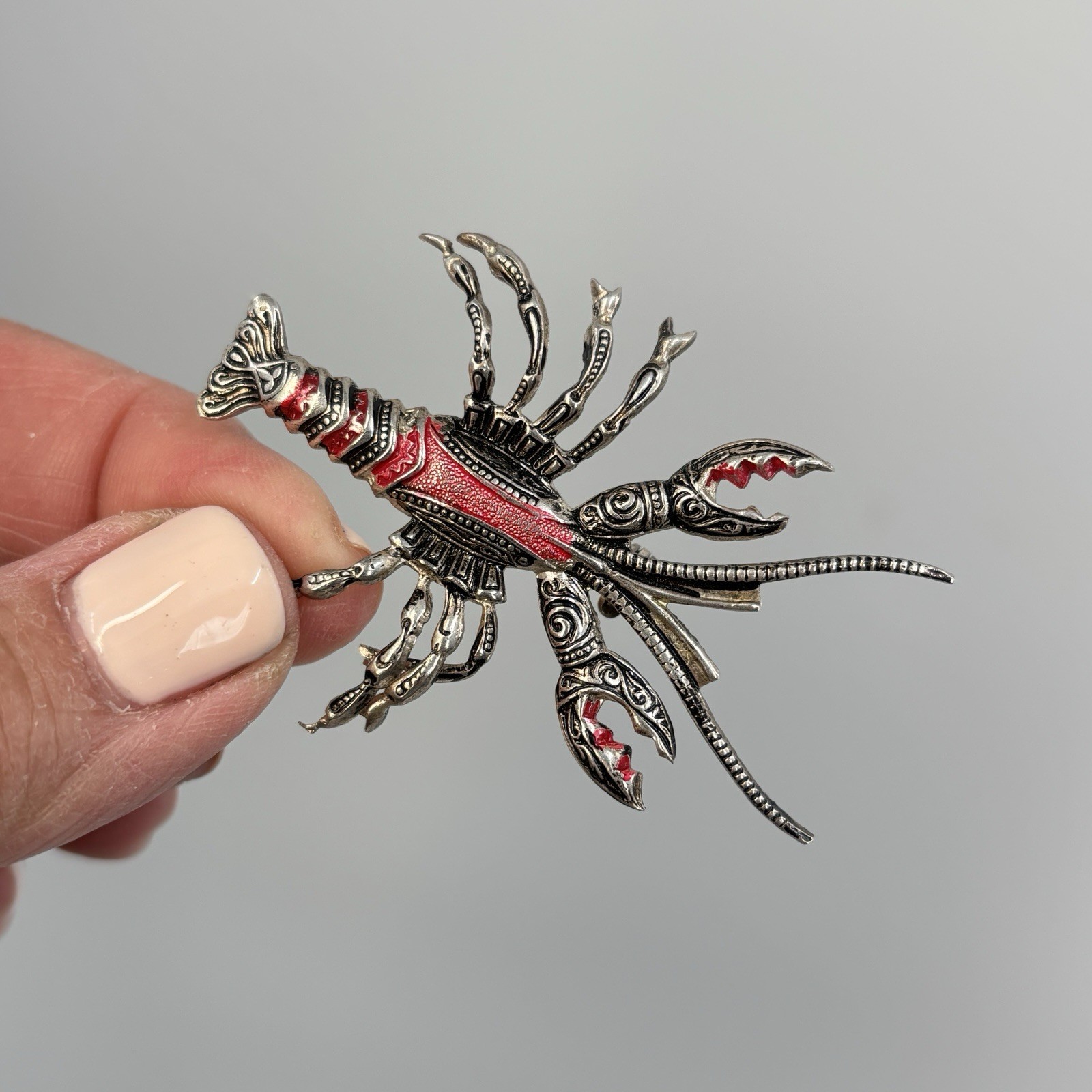 Vintage Spain Lobster Brooch Red Enamel Silver Tone Figural Crayfish Pin