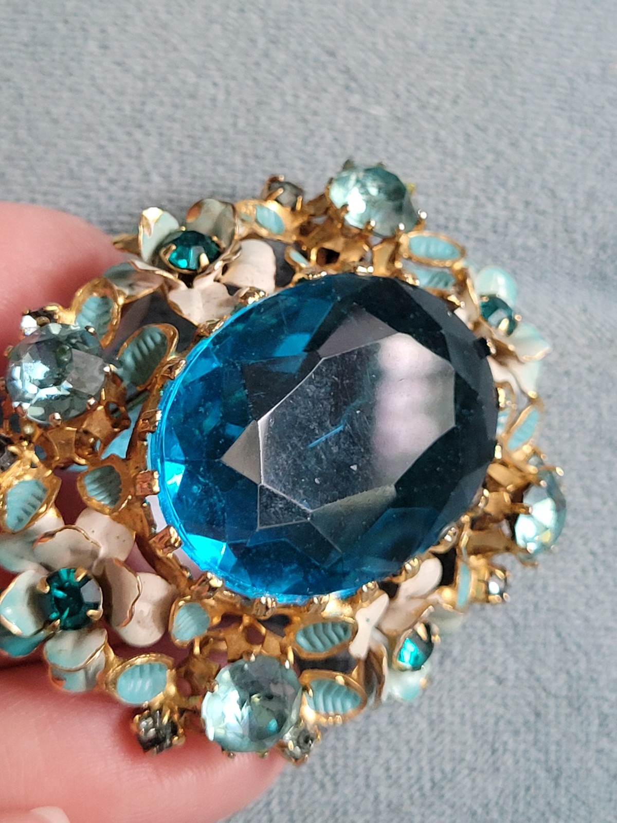 Vintage 1950’s Austrian Large Blue Crystal w Enamel Flowers Pendant Brooch