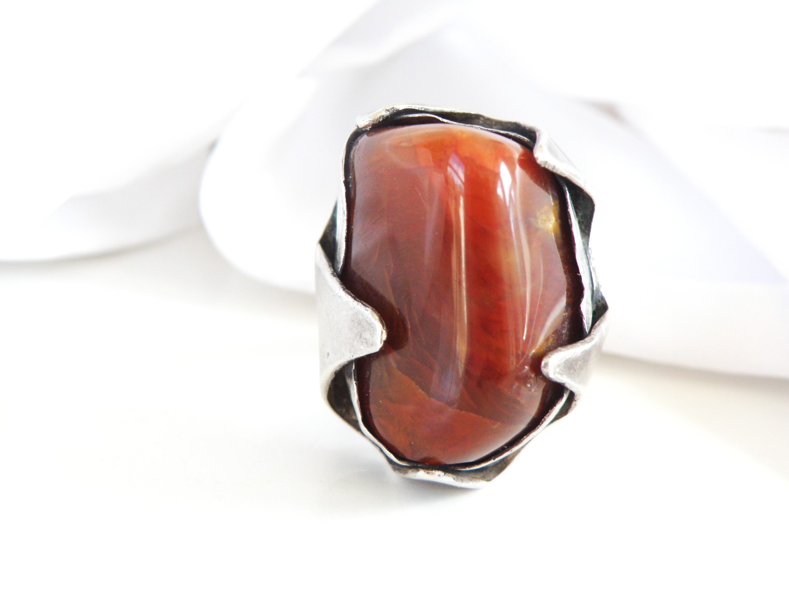 Vintage Sterling Silver 925 Banded Agate Brutalist Modernist Statement Ring 7