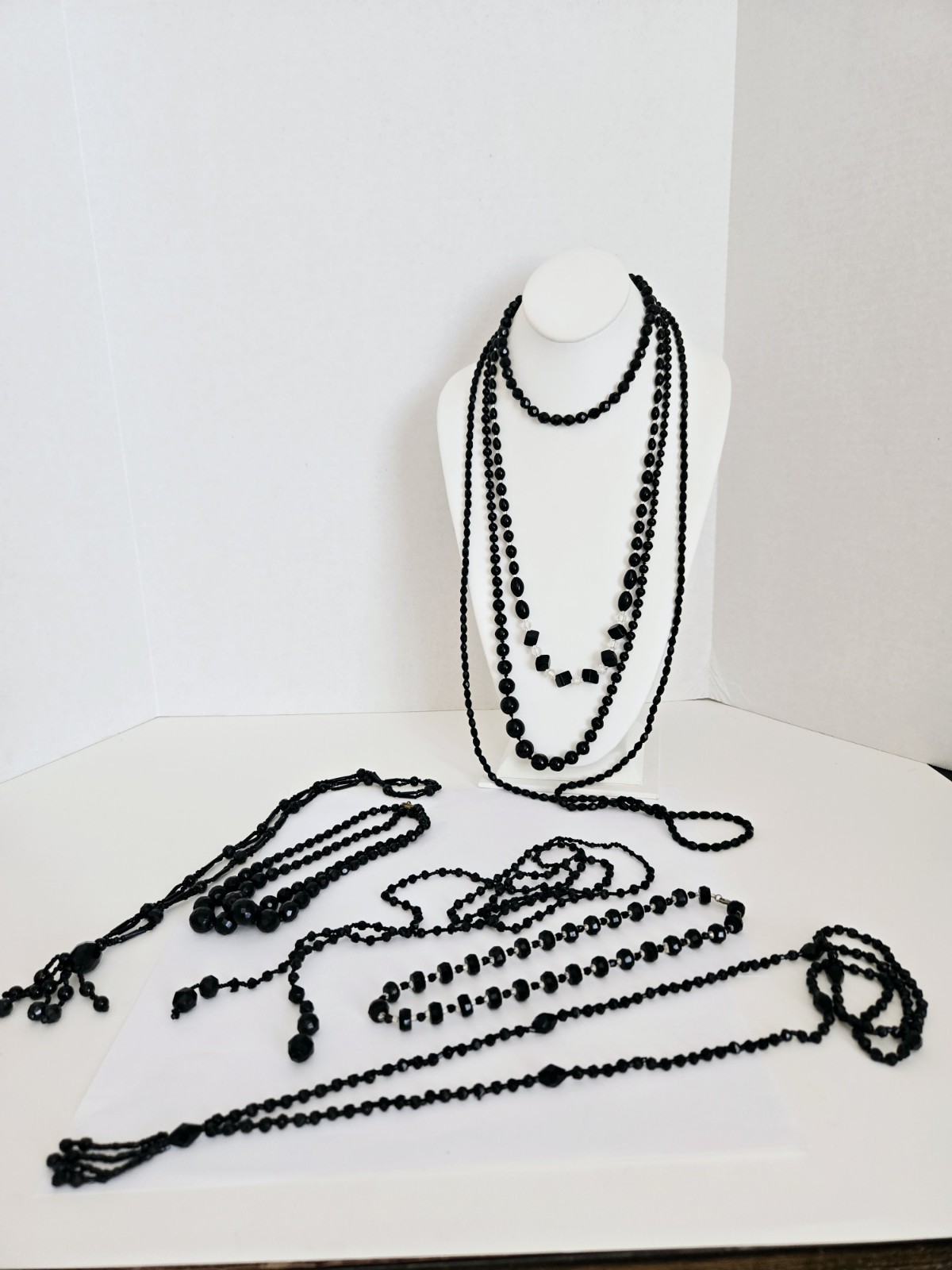 Lot of 9 Vintage Black Glass Faceted Beads Necklaces Different Styles & Sizes