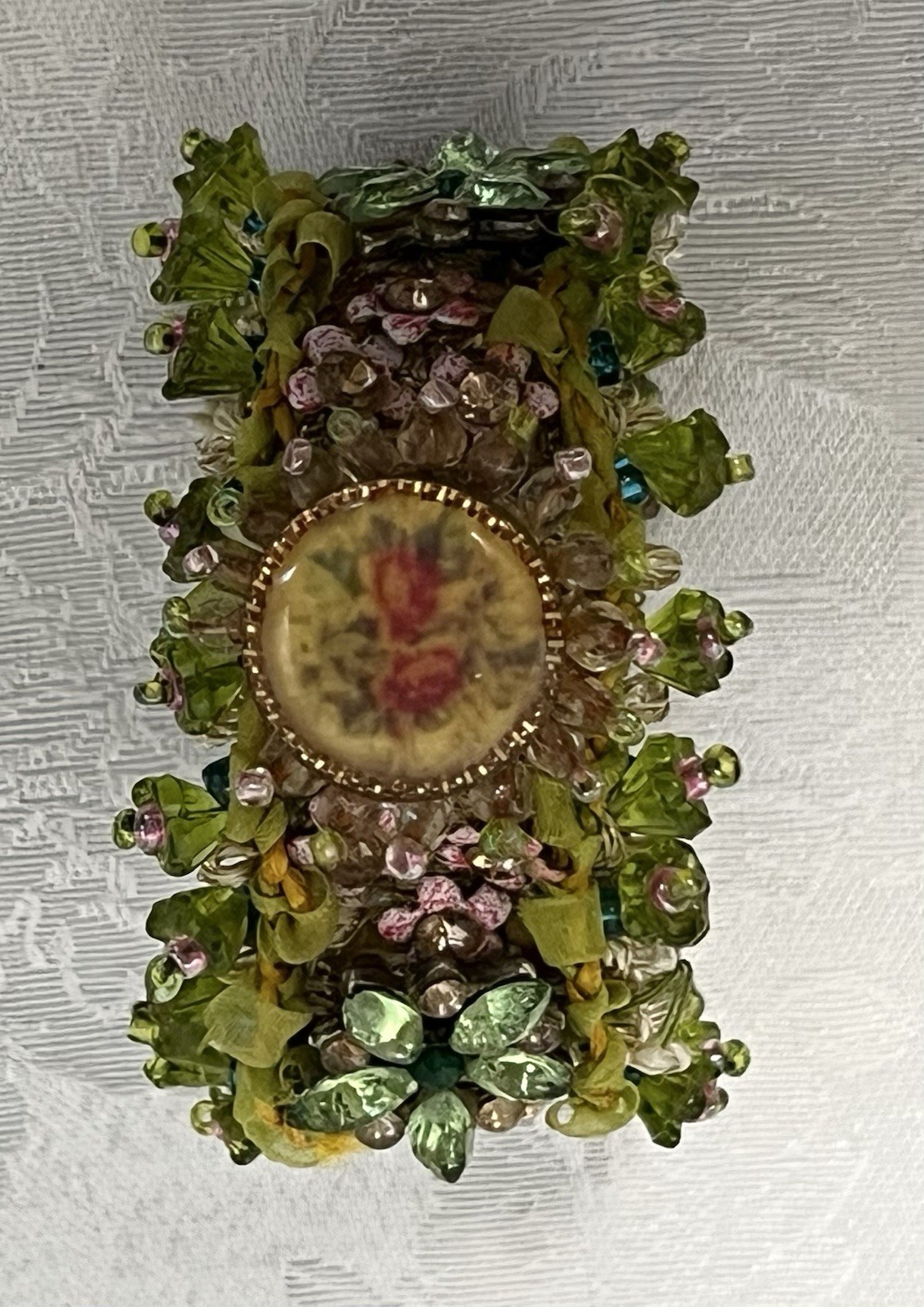 Vintage 1990s Victorian-style Beaded Ribbon Bracelet • Green & Pink Floral Motif