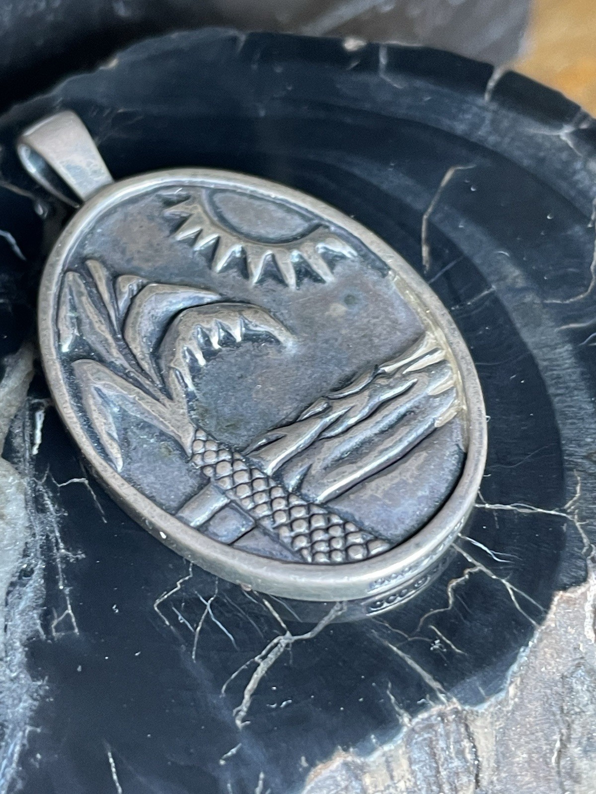 Sterling Silver Coleman CCO Palm Tree Chip Inlay Tropical Pendant 42mm x 25mm