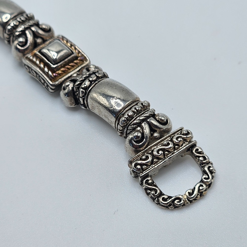 VINTAGE Ornate Silver Tone Articulated Link Bracelet Magnetic Clasp
