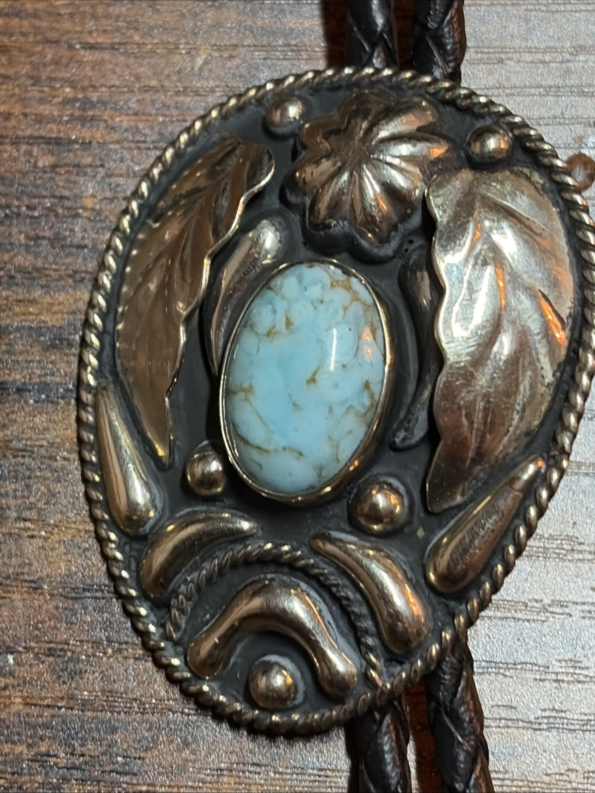 Vintage Alpaca Mexico Cowboy Cowgirl Bolo Tie Necklace Turquoise Western 17-18”
