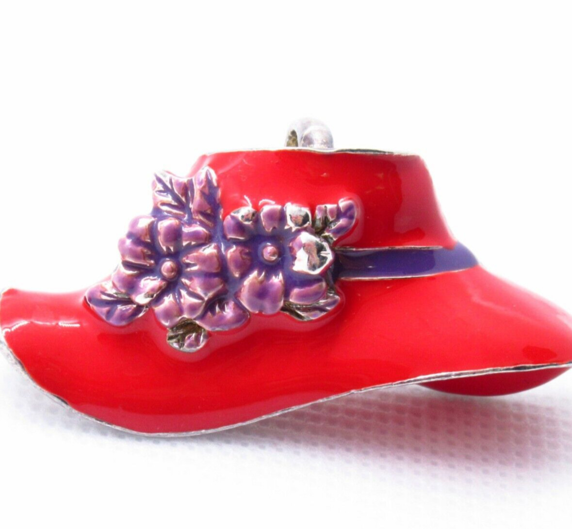 Vintage Red Hat Brooch Necklace Charm Purple Flowers Ribbon Design