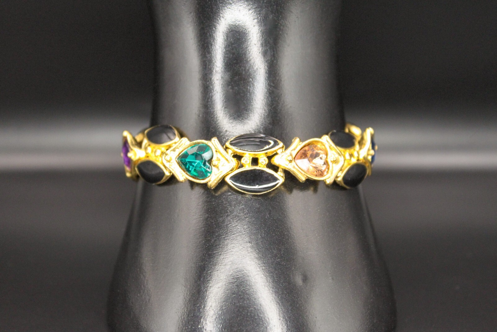 Vintage ORENA of PARIS France Rhinestones Enamel Heart Link Bracelet Gold Tone