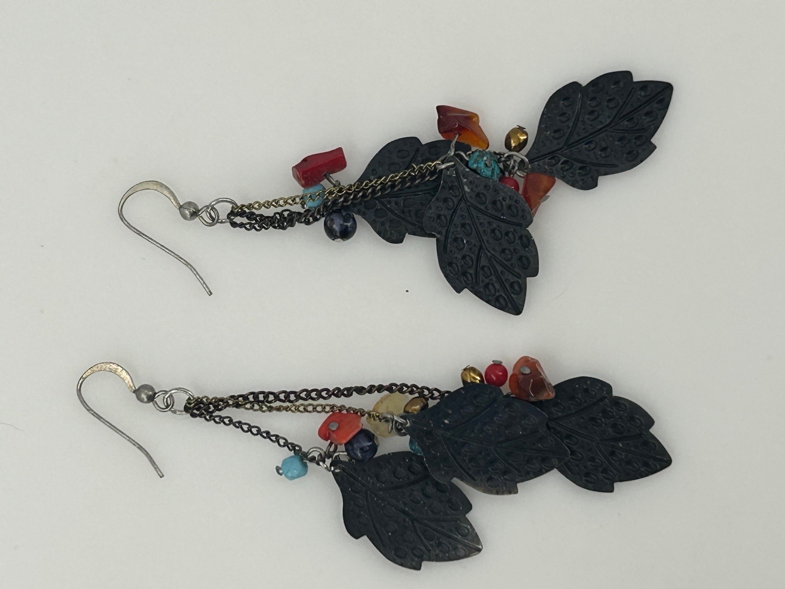 Oxidized Silver Tone Dangle Drop Earrings 3.5″ Leaf Charms Multi-Color Beads