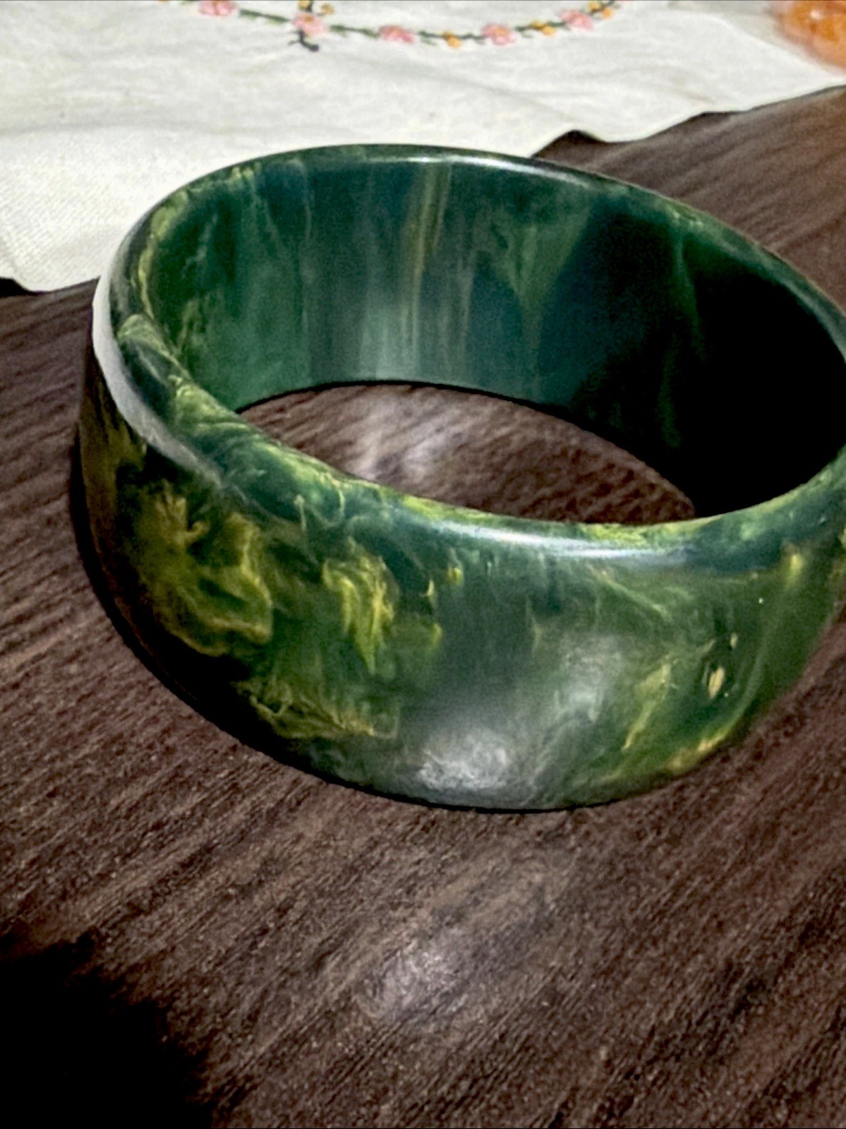 Vintage Blue Moon Wide 44g Bakelite Bangle Blue Green Marbled Bracelet Tested