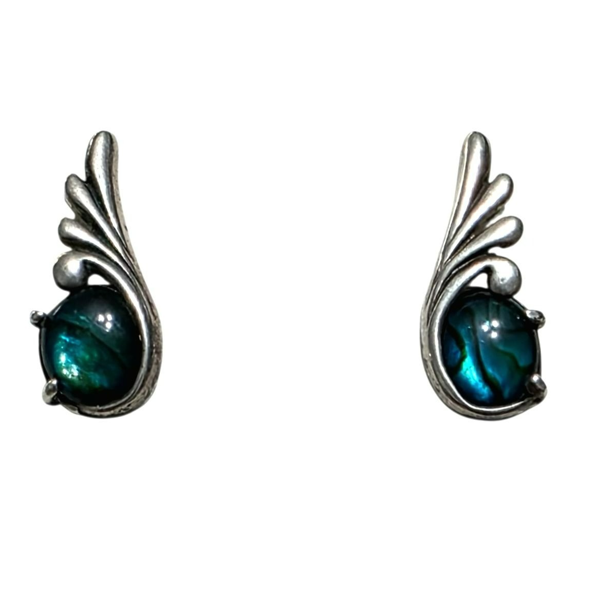 Vintage Kabana Sterling Silver Earrings Blue Abalone Shell Wing Curl Leaf 925