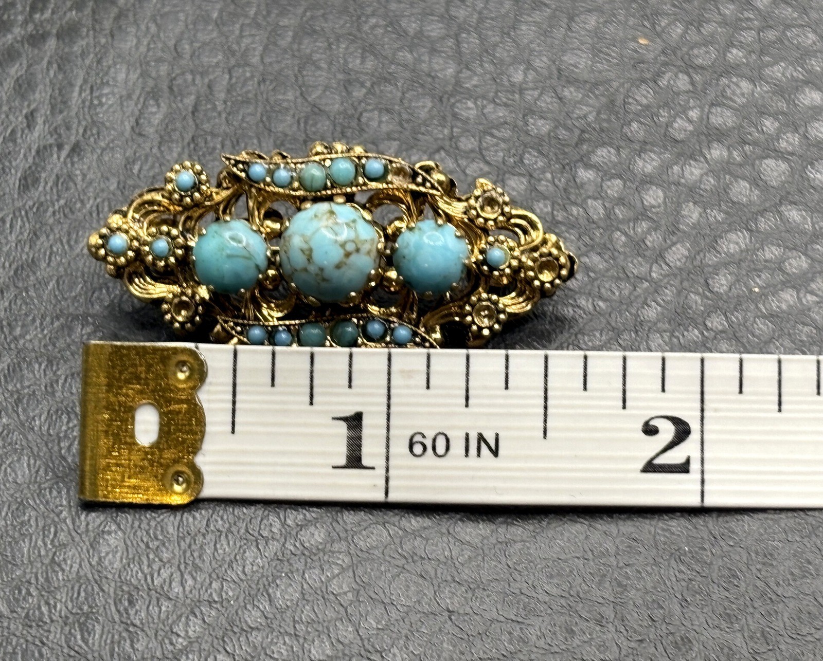 Vintage Victorian Revival Brooch Faux Turquoise Glass Cabochon Pin Ornate READ