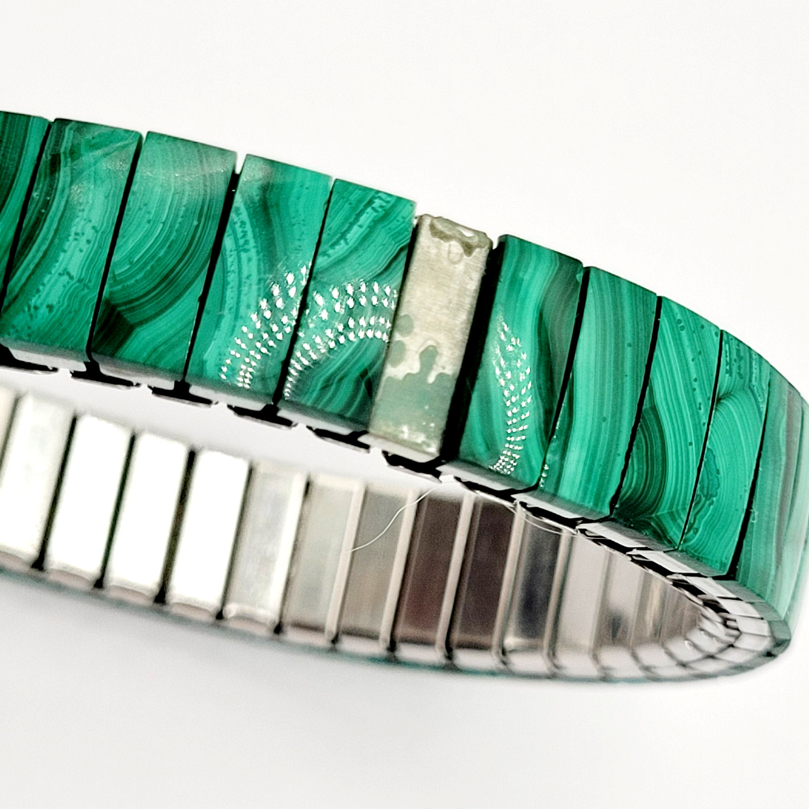 Malachite Stone Green Veneer Panel Stainless Steel Expanding Vintage Bracelet