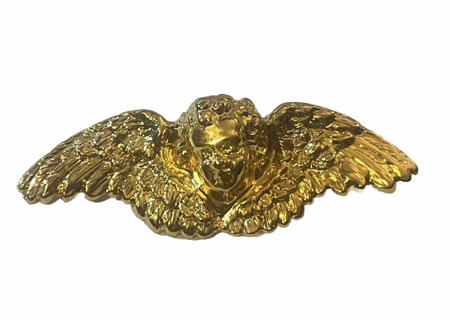 VTG 80s Angel Cherub Cupid Pin Brooch Gold Tone Lg Wings Chunky Putti Jewelry