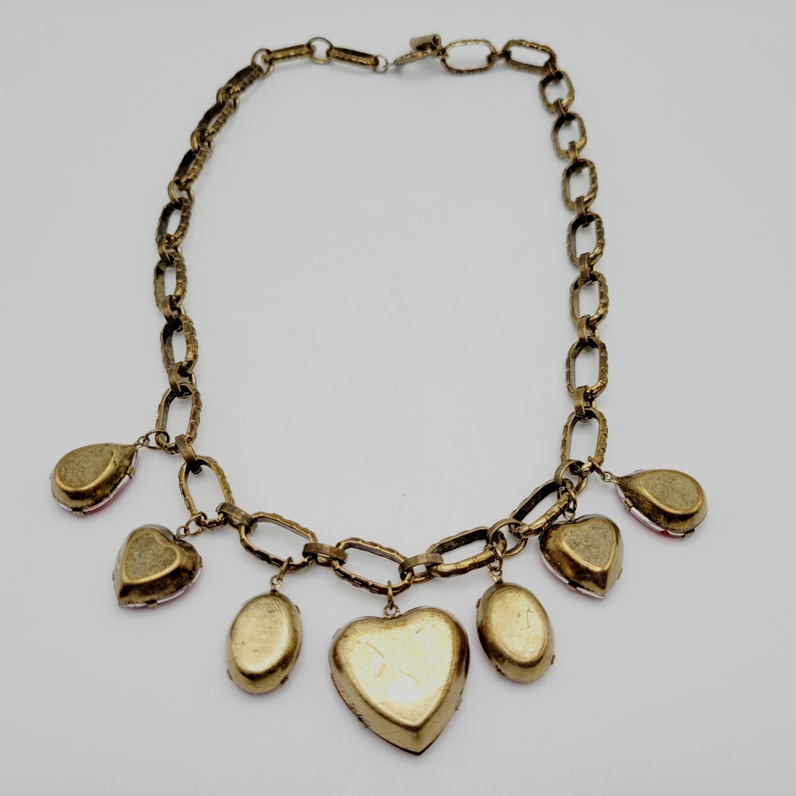 Red Acrylic Gem Statement Red Heart Brass Tone Large Link Vintage Necklace 17 In
