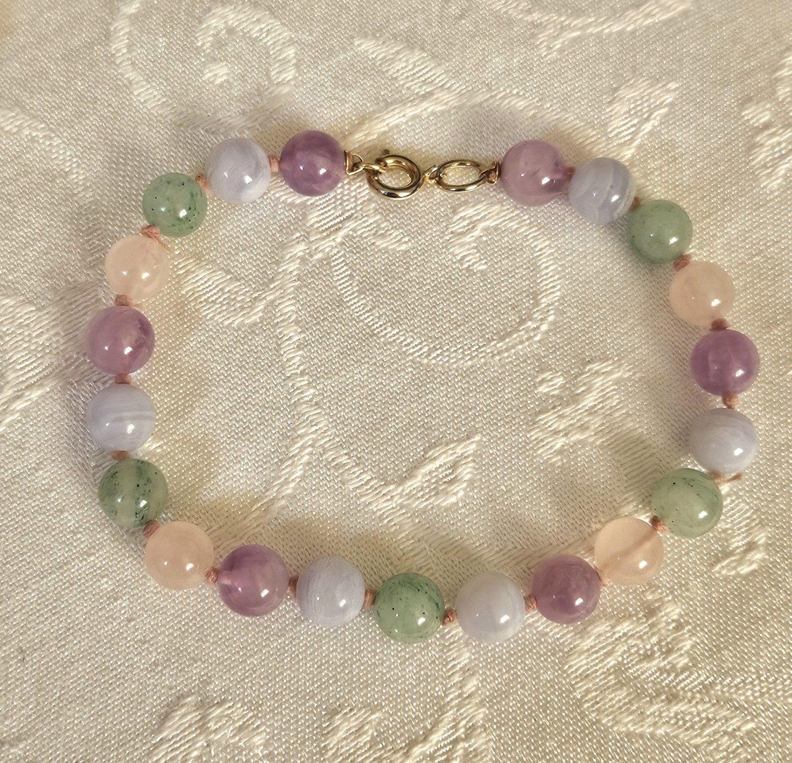 Vtg Multi Color Pastel Round Beaded Necklace Bracelet Set Jade Agate Quartz