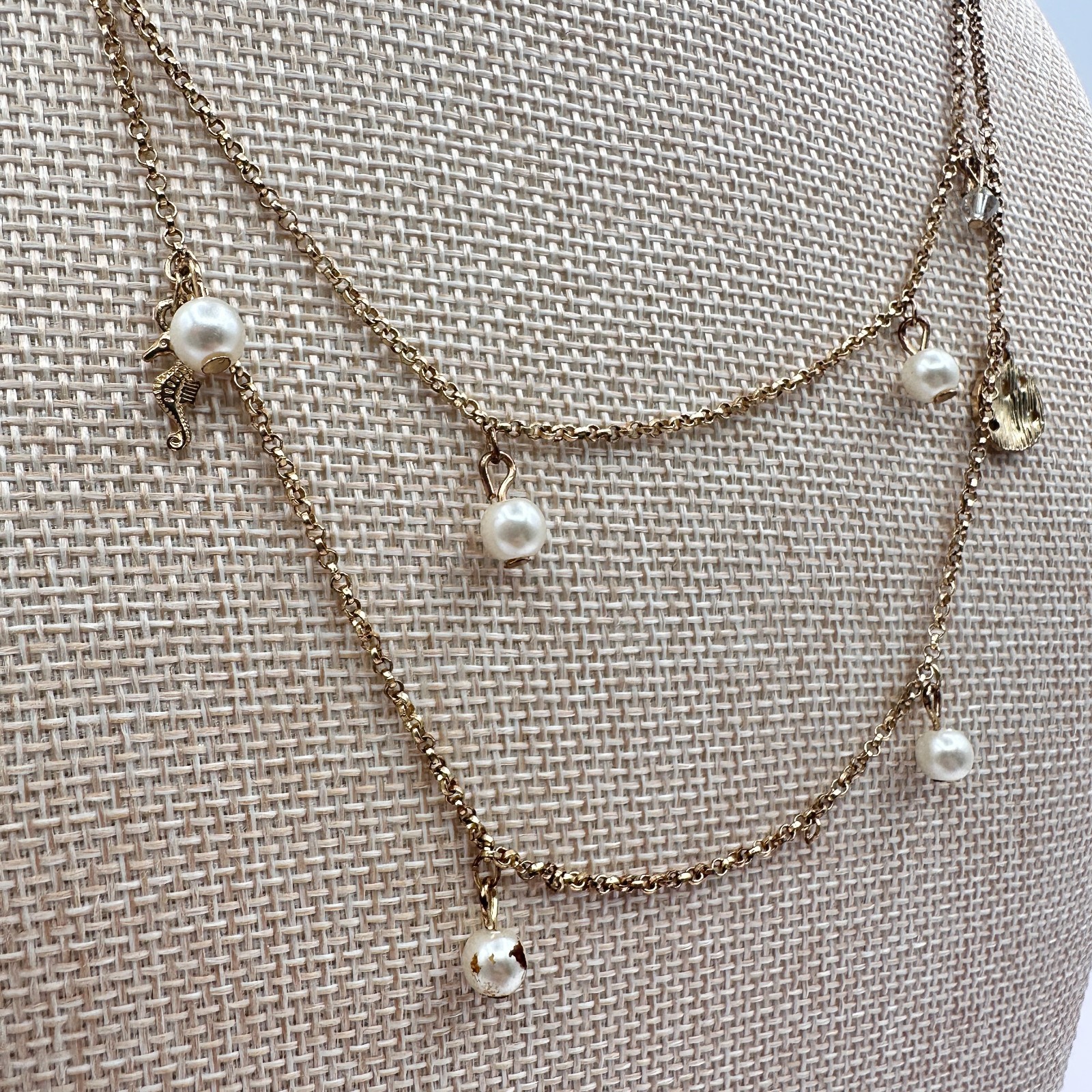 Vintage 90s Gold Tone Double Layer Chain Pearl Charm Station Necklace Jewelry
