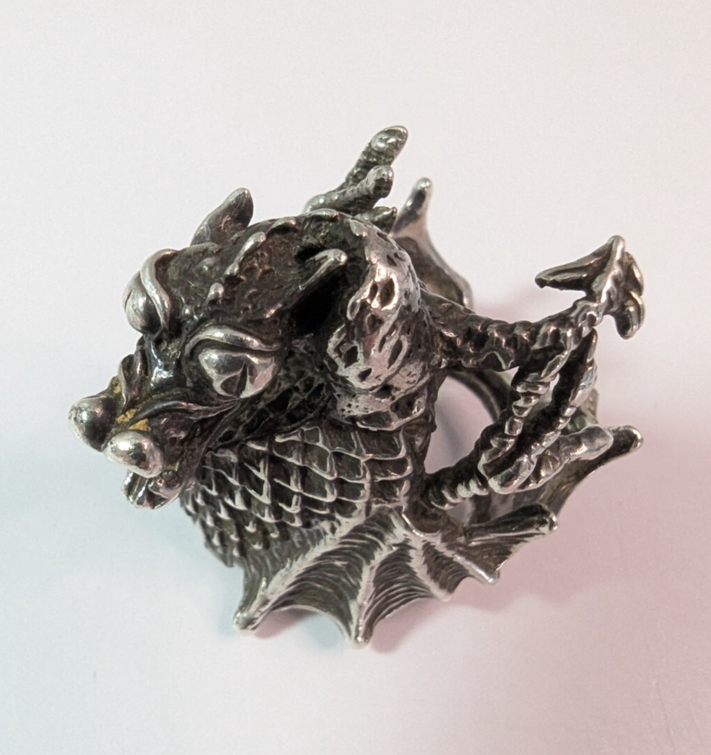 Vintage Pewter or Silver Flying Dragon Biker Ring Size 7