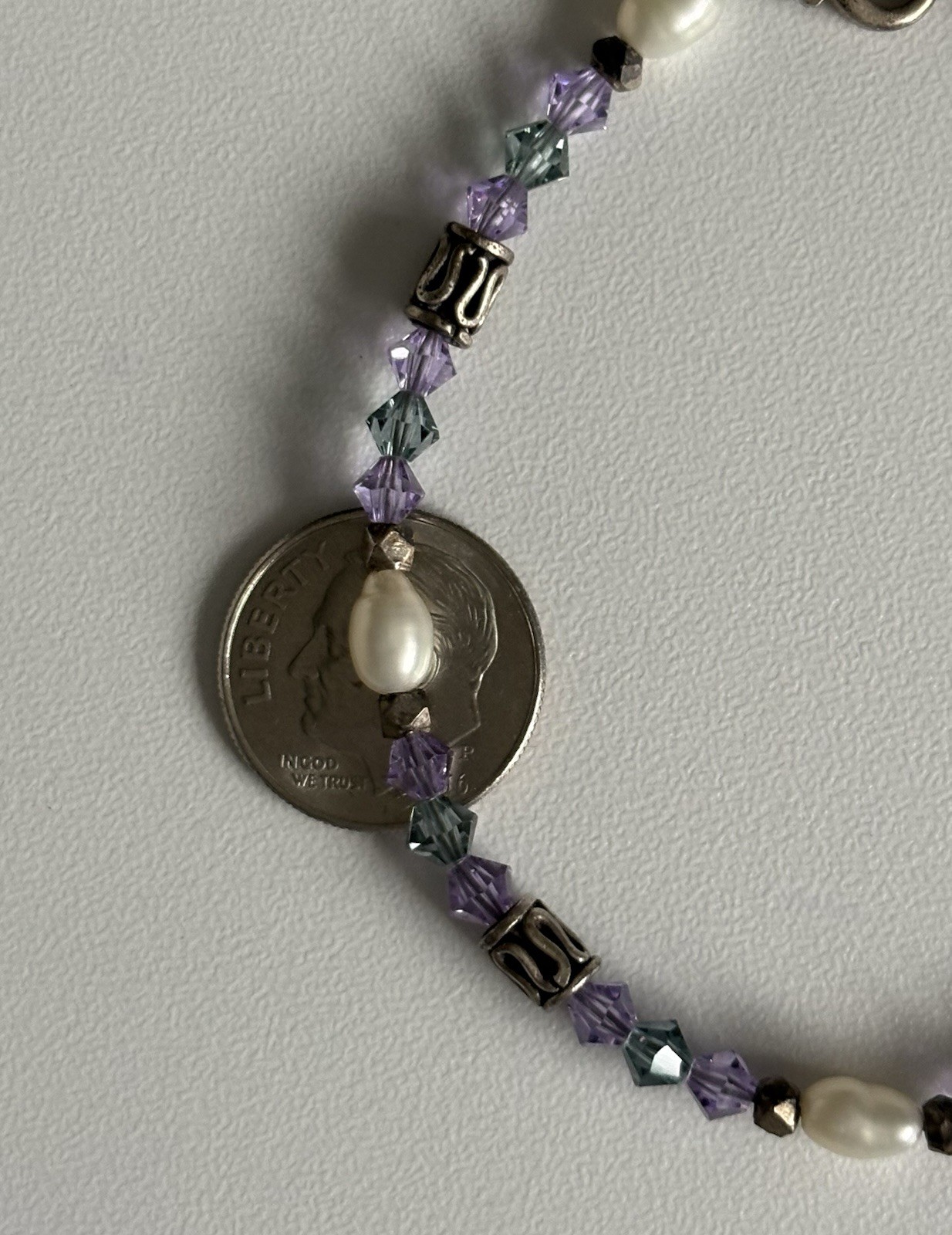 Vintage 925 Sterling Silver Teal and Purple Crystal, Pearl, Bead 7.25” Bracelet