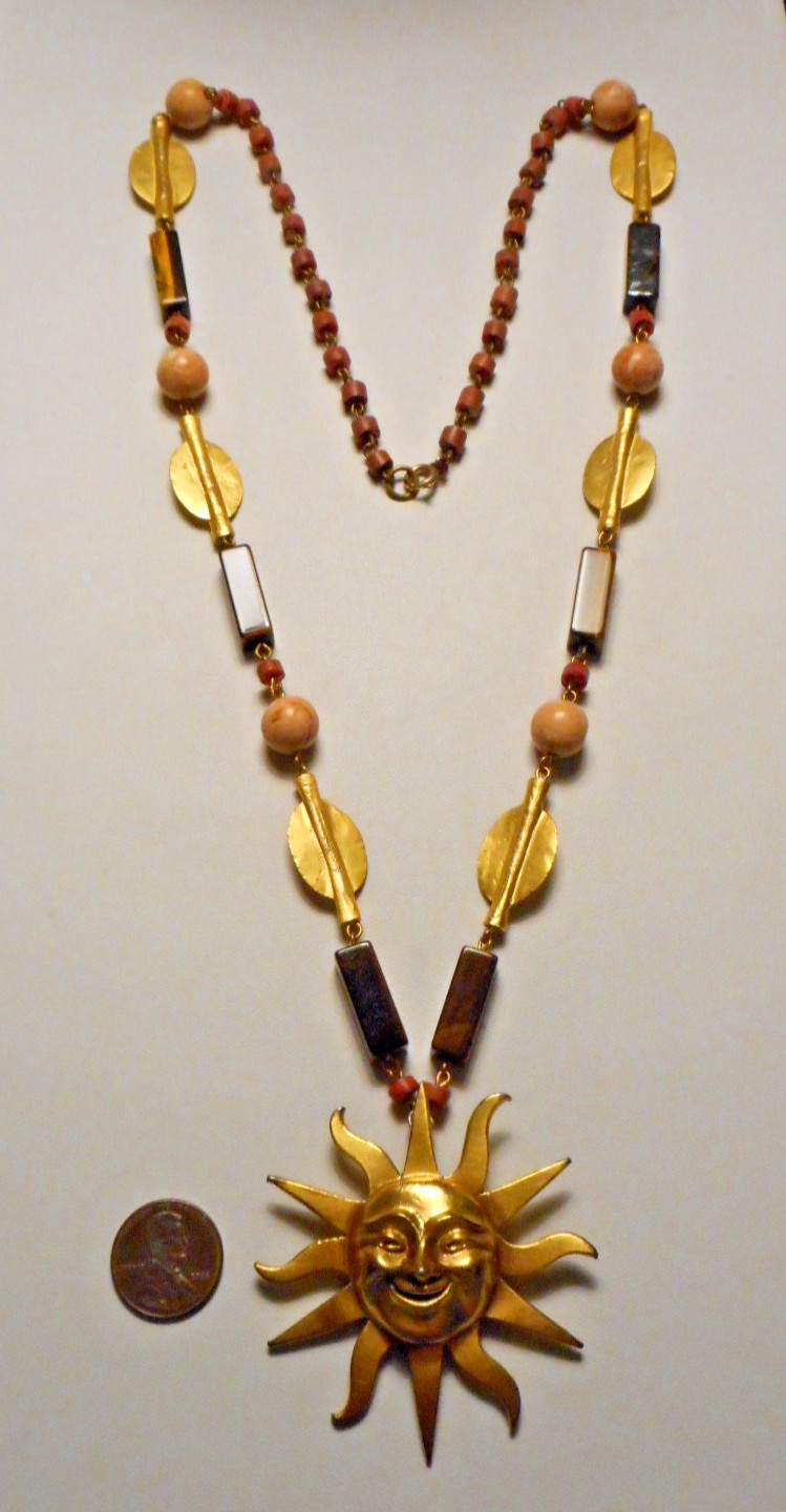 1970s Alva Museum Replicas Tiger’s Eye Stone Bead Necklace w Smiling Sun Pendant