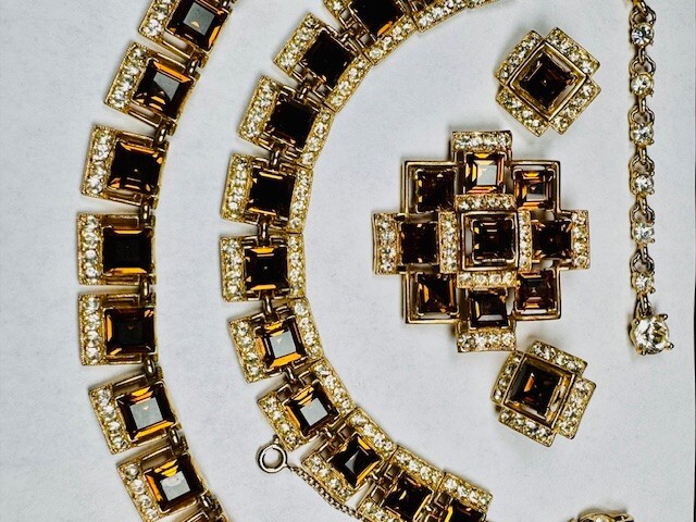 Bogoff “Tawny Topaz” Swarovski Emerald Cut Gold Plate Parure
