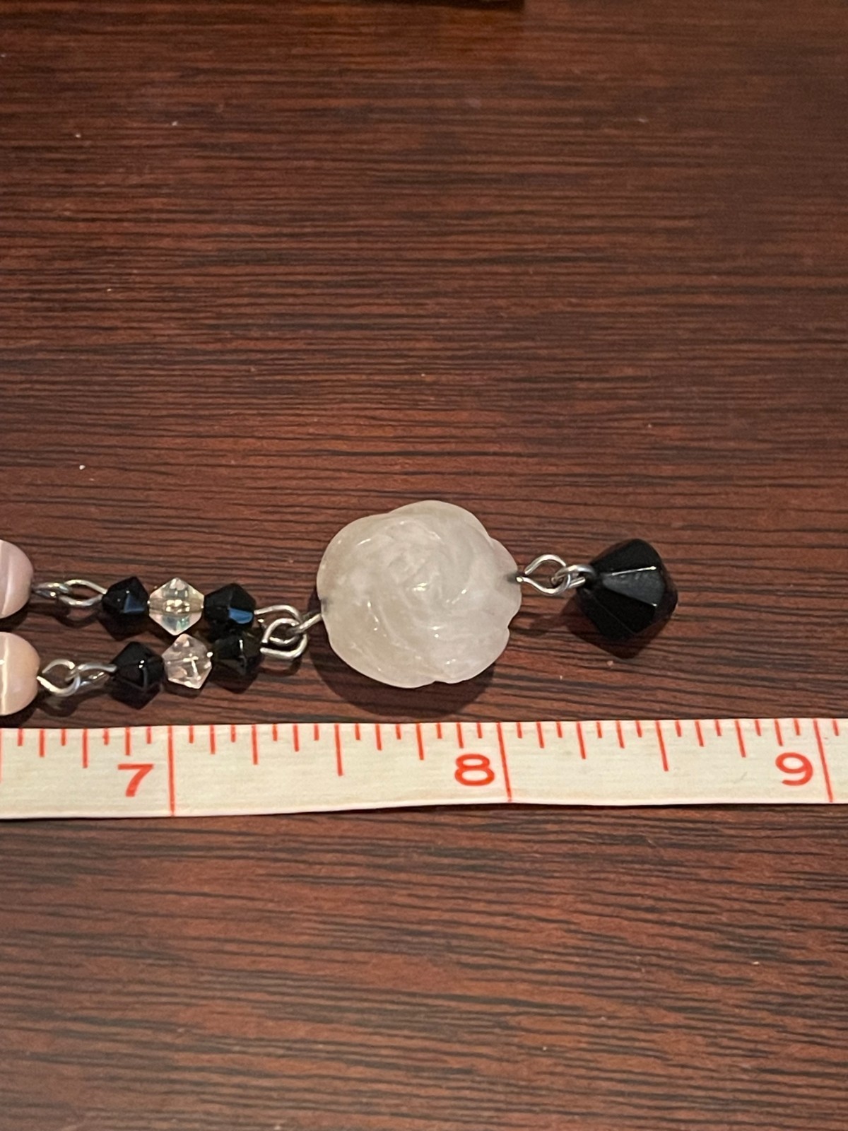 Vtg Choker Necklace With CARVED ROSE QUARTZ Pendant Faceted Black and AB Beads