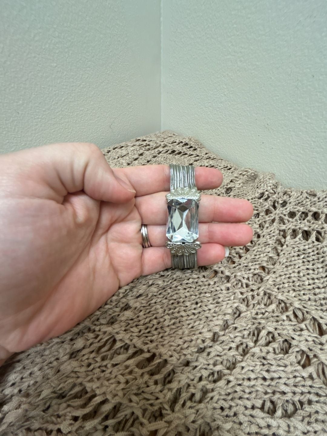 Vintage Zoom Zoom Art Deco Style Silver Tone Bracelet w/ Large Rhinestone