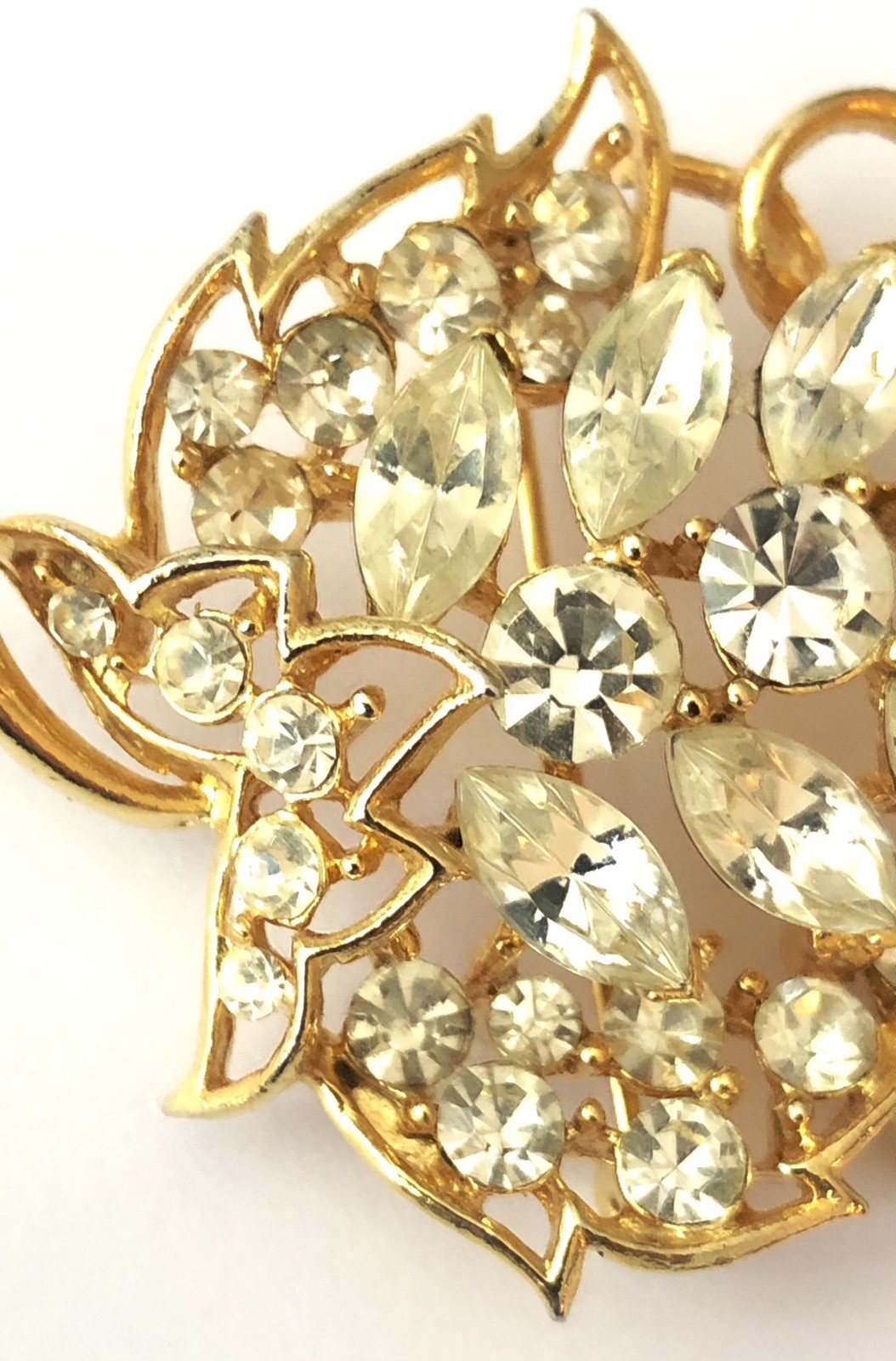 Signed Lisner Vintage 1960s Gold And Crystal Brooch Leaf, Grape Leaf Pin