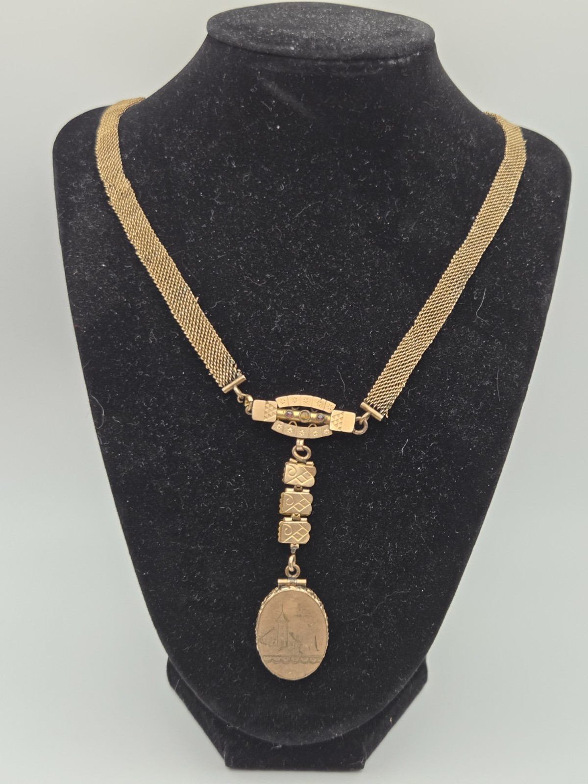 Antique Victorian Engraved Book/Mesh Chain with Engraved Locket Pendant