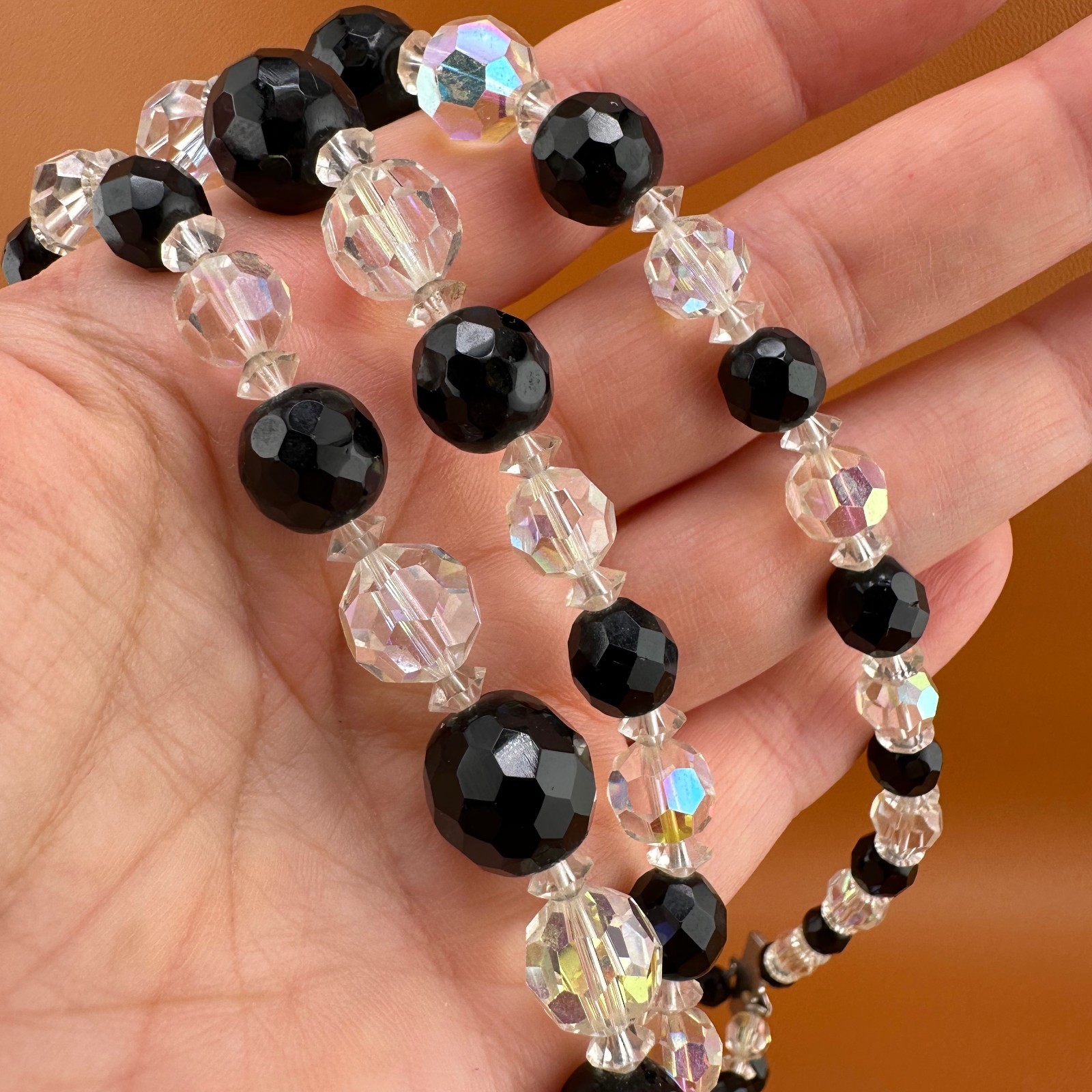 Vintage AB Crystal Bead Necklace Earrings Set Triple Strand Black & Clear 15″