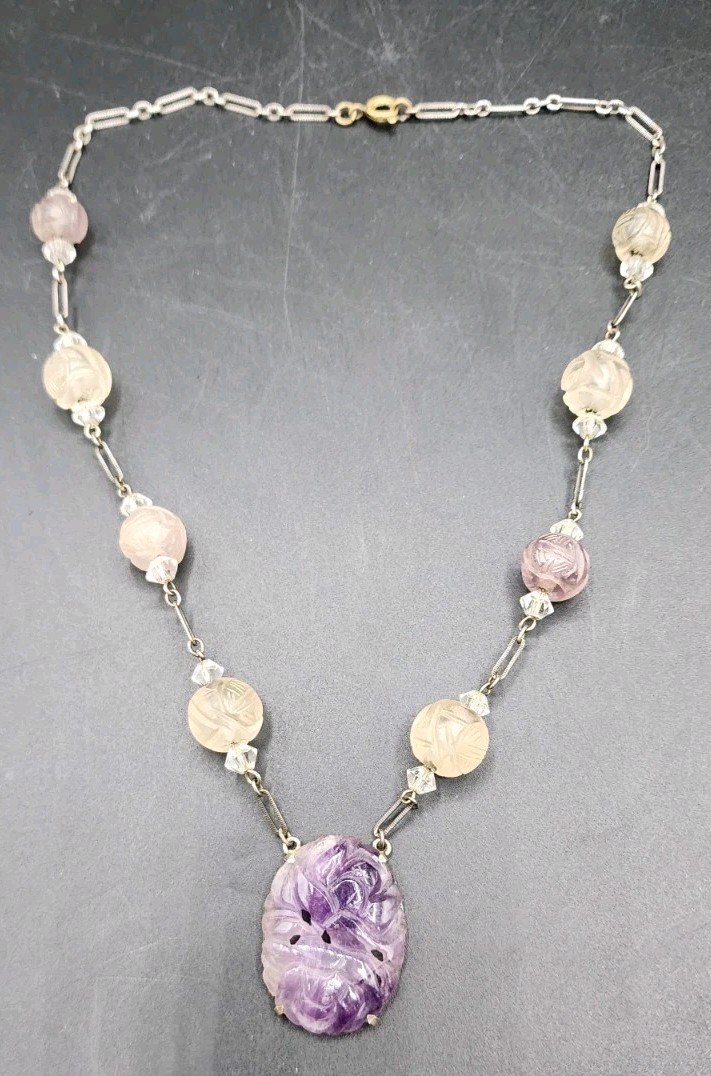 Antique Art Deco Chinese Carved Purple Amethyst Bead Necklace w/Carved Pendant
