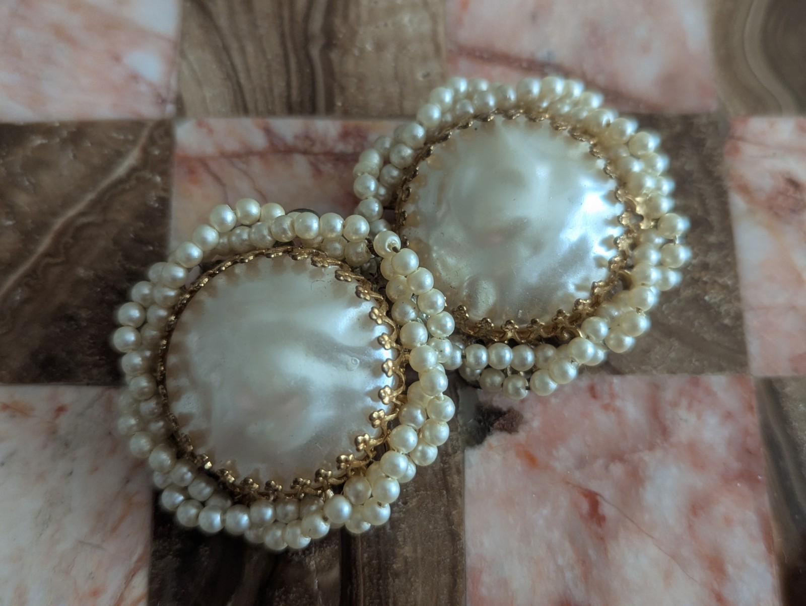 Miriam Haskell Large Pearl Ornate Cluster Statement Art Earrings Vtg Jewelry