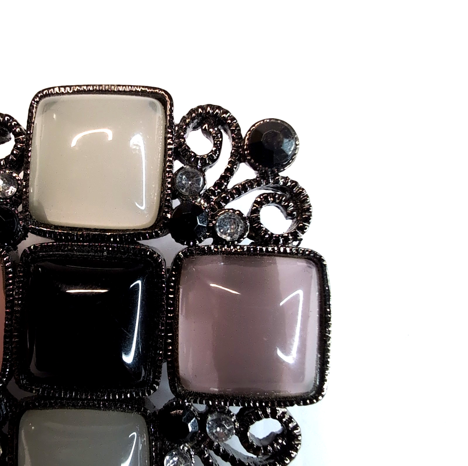 Vintage Geometric Square Brooch Black Pink Gunmetal Silver Tone Openwork Gothic