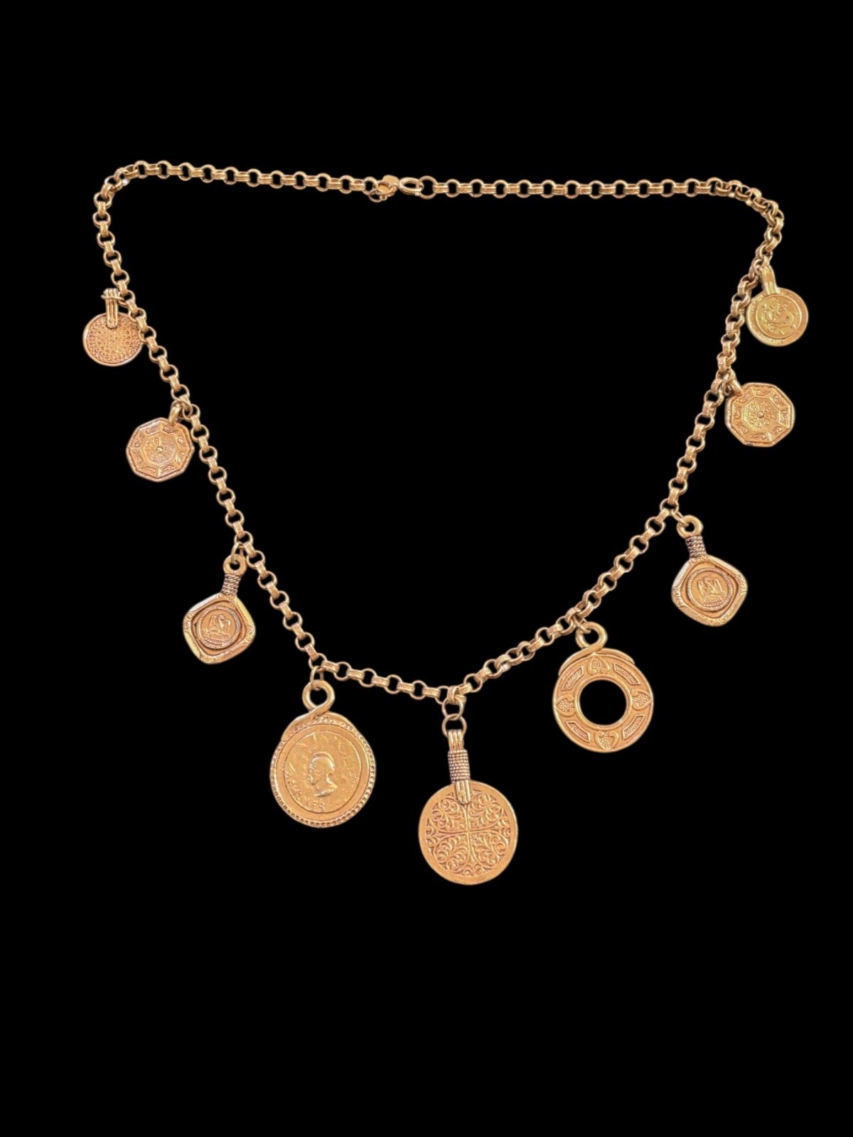 Vintage Statement Capri Greek Mythology Coin Pendants Rolo Chain Link Necklace