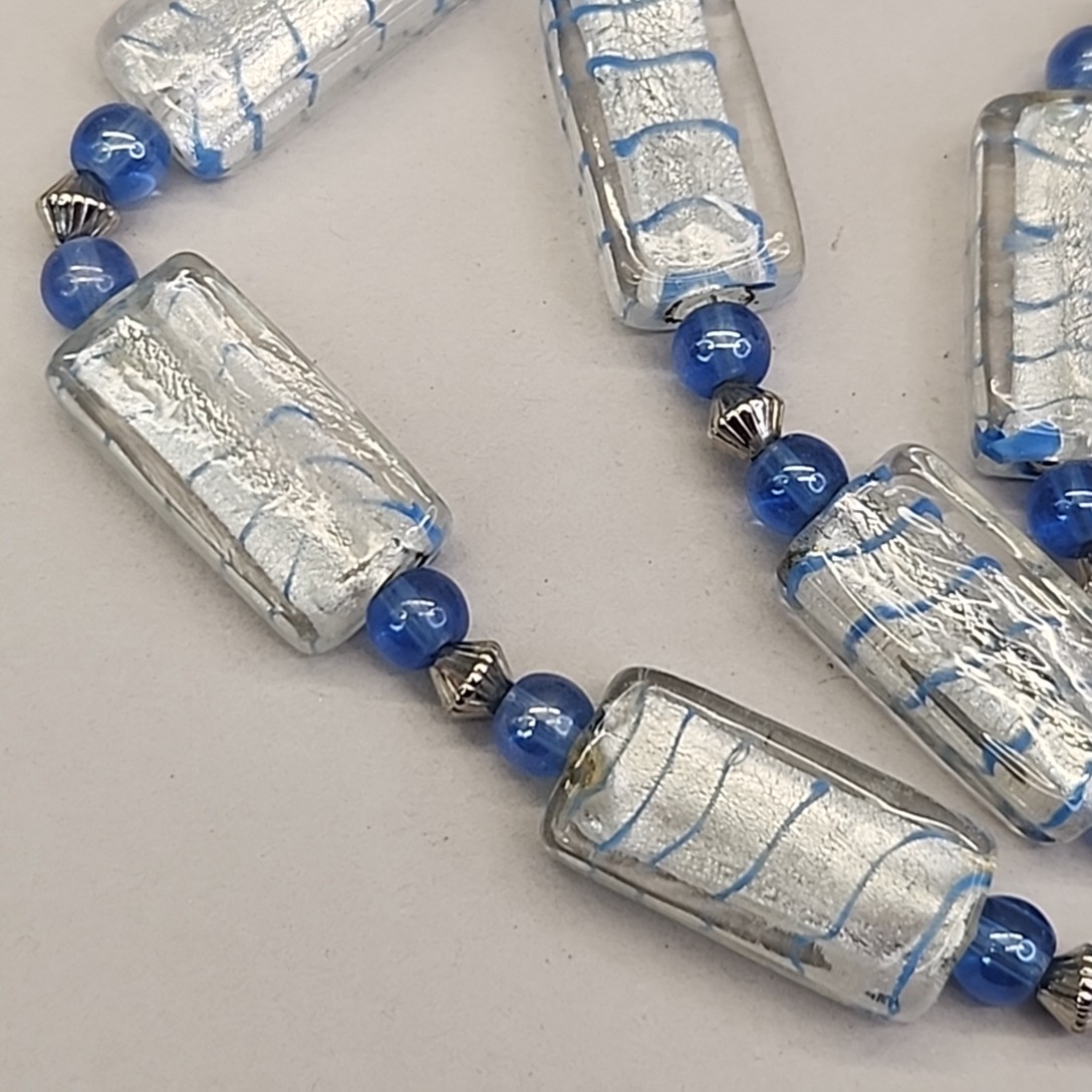 Vintage Glass Beaded Necklace Blue Striped Silver Foil Toggle 19″