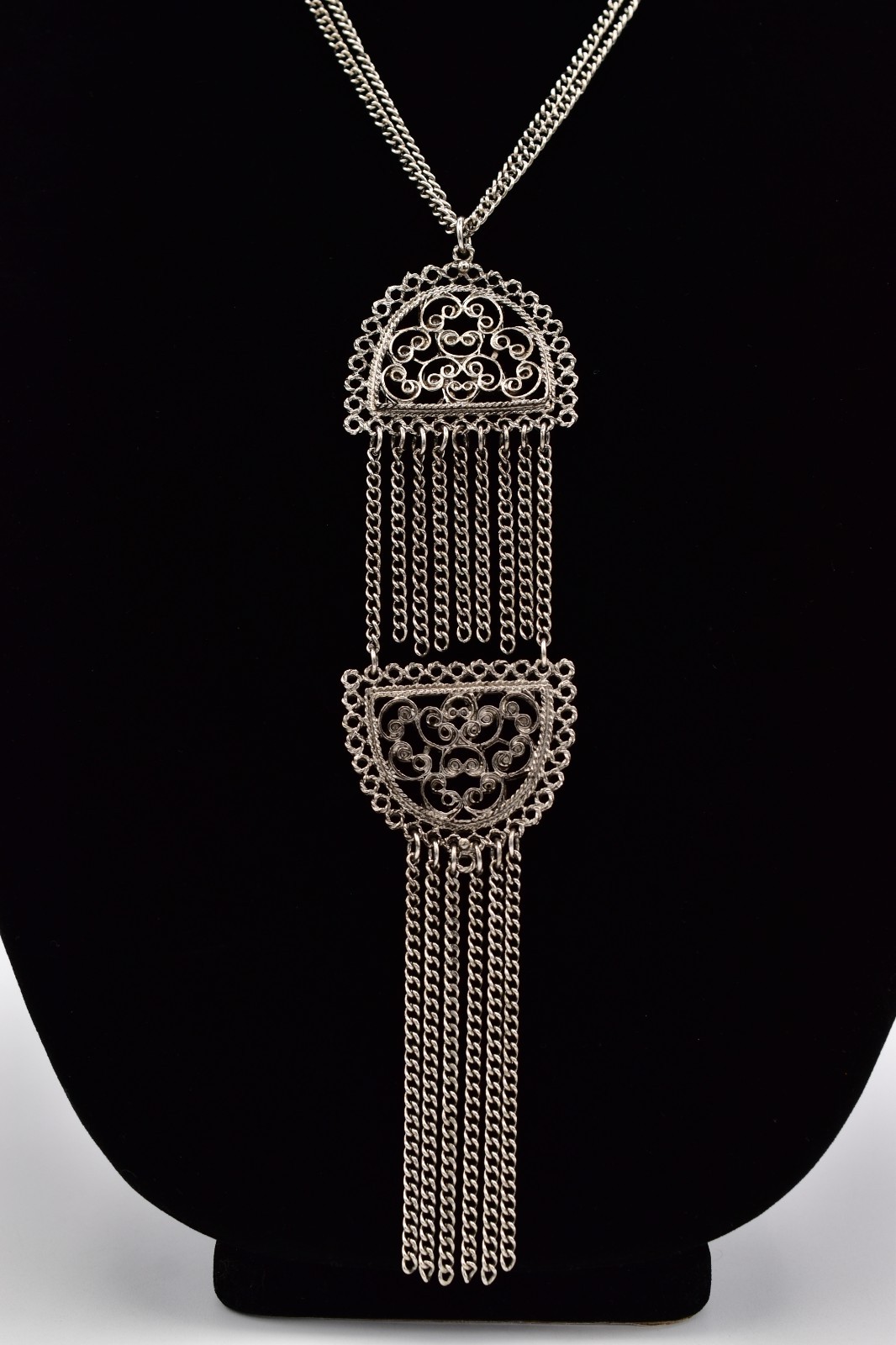 Vintage Silver Filigree Tassel Necklace Long Statement Fringe Chain 1970s Bin3C