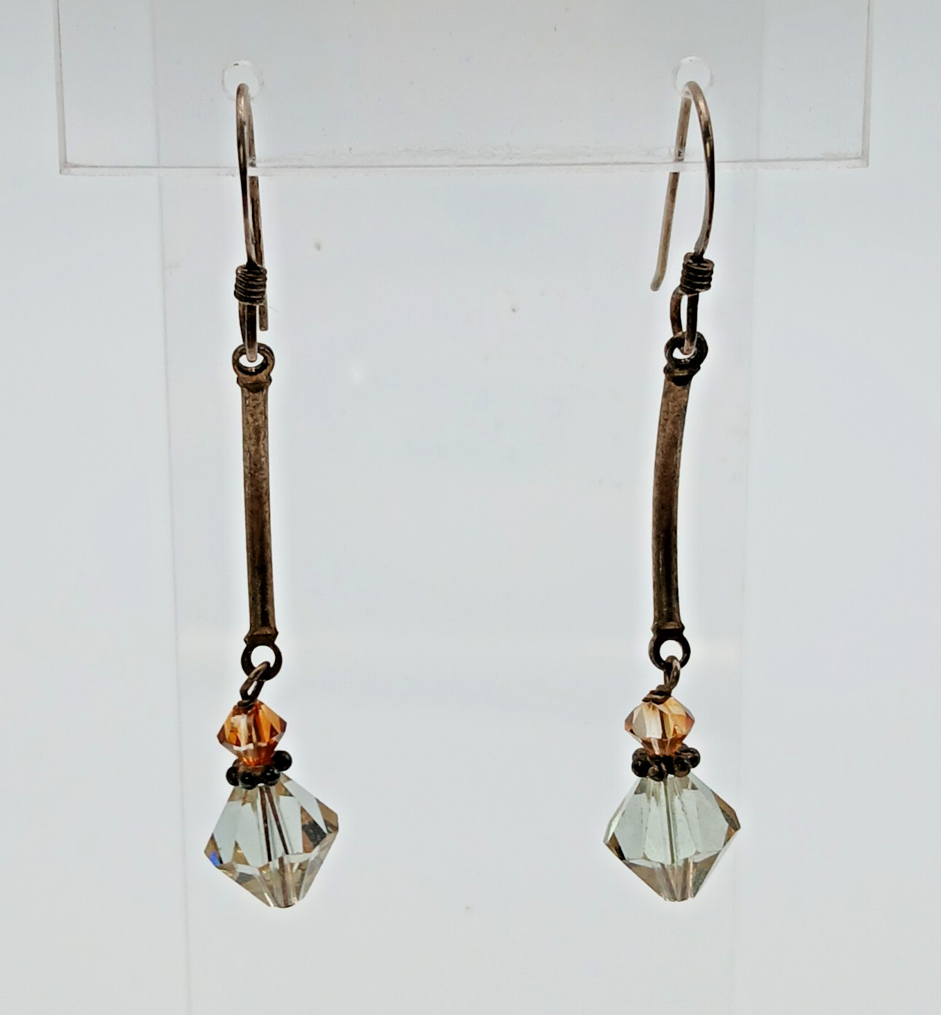 925 Crystal Drop Earrings 1.75in Sterling Silver 2g Aqua Blue Amber Tone Bicone