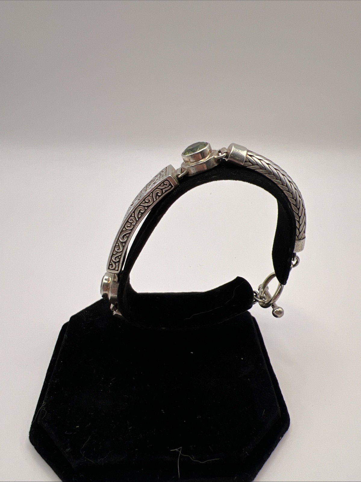 Bali Sterling Silver Peridot Bracelet 7” Handcrafted Balinese Scrollwork Artisan