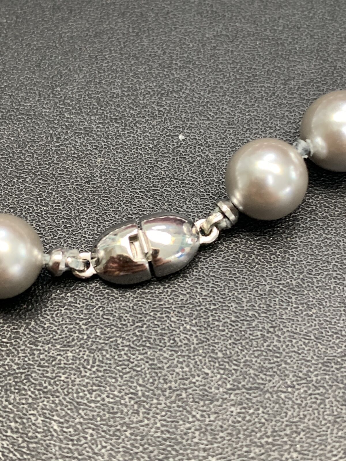 Vintage Signed Monet Grey Silver Hand Knotted Glass Pearl Necklace Long 20”