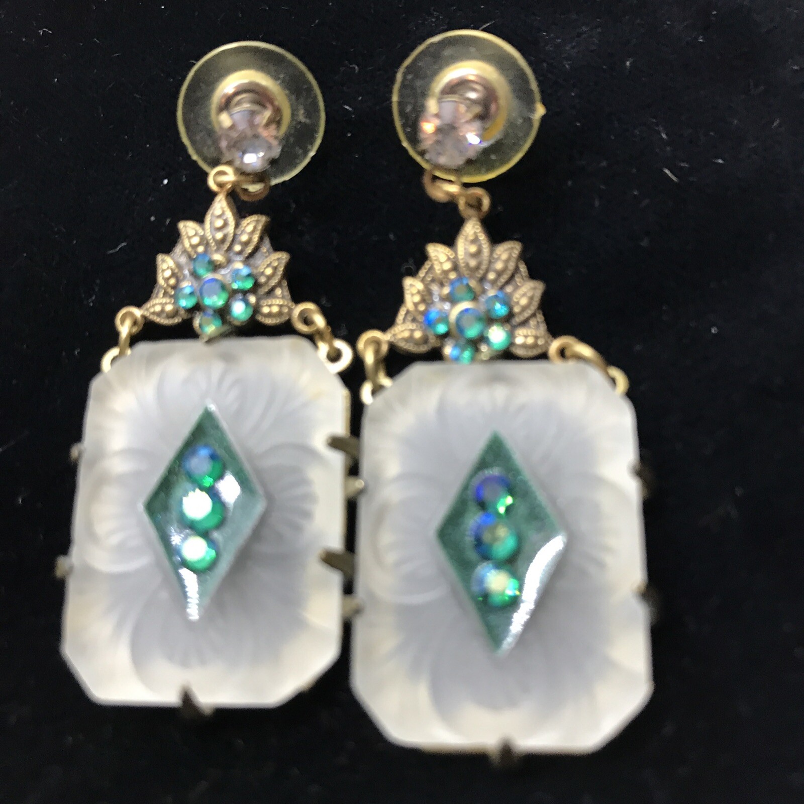 Vintage Glass Works Studio Carved Matte Glass, Crystal Acc & Brass tone Earrings