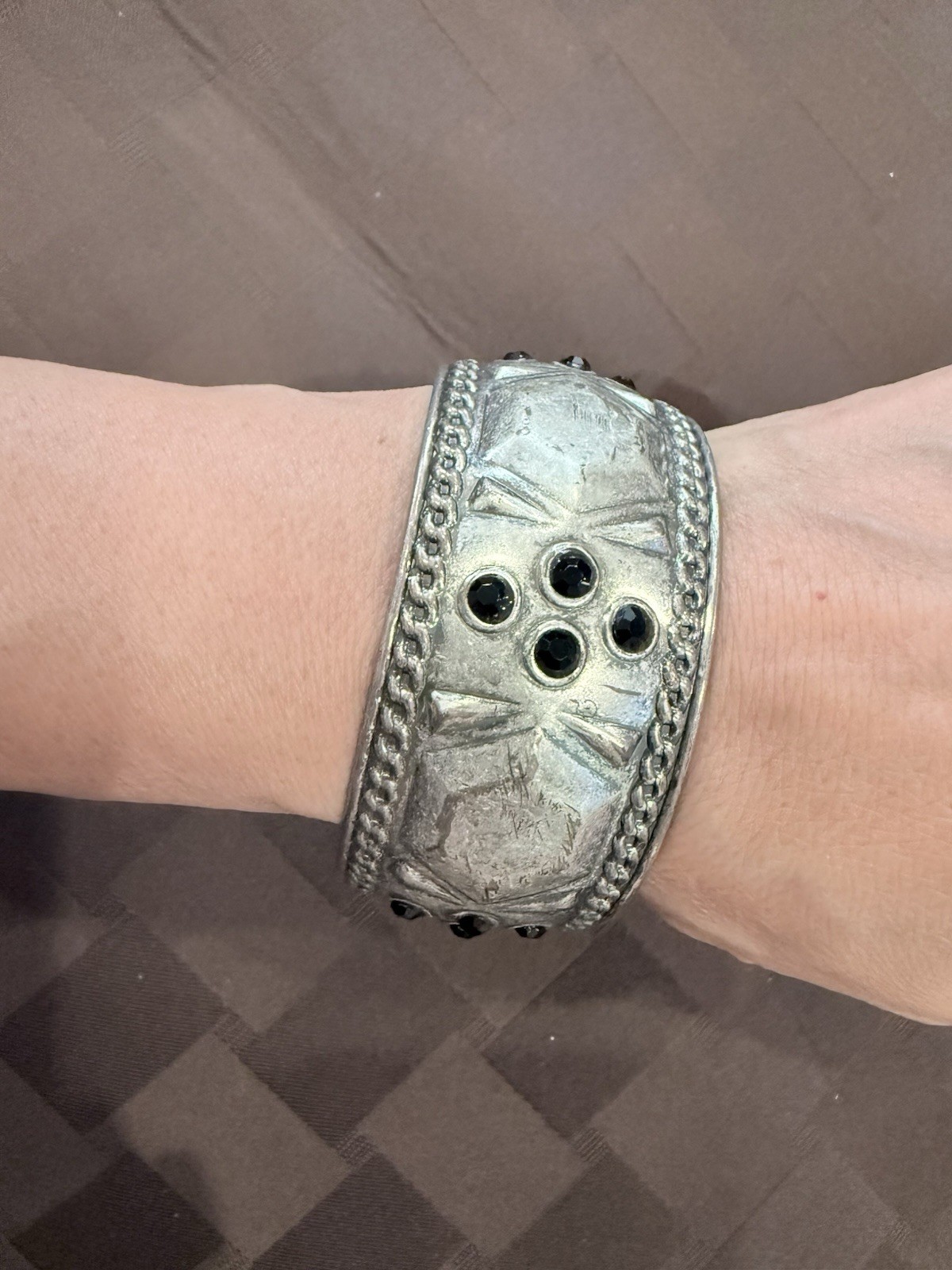 Vintage Wide Silvertone Tribal BangleBracelet with Black Stones