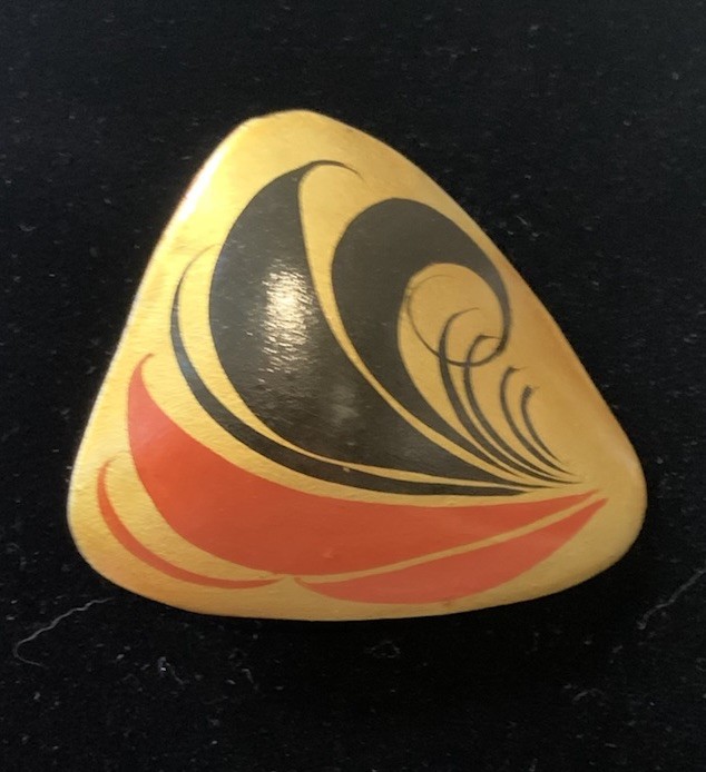 Vintage Traditional Folk Art Wooden Triangular Pin Made in USSR Red Gold Black