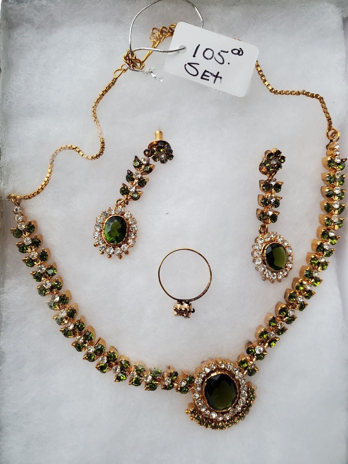 Sparkling Green Leaf Necklace, Drop Earring, and Ring Set Adjust Chain w/ Hook