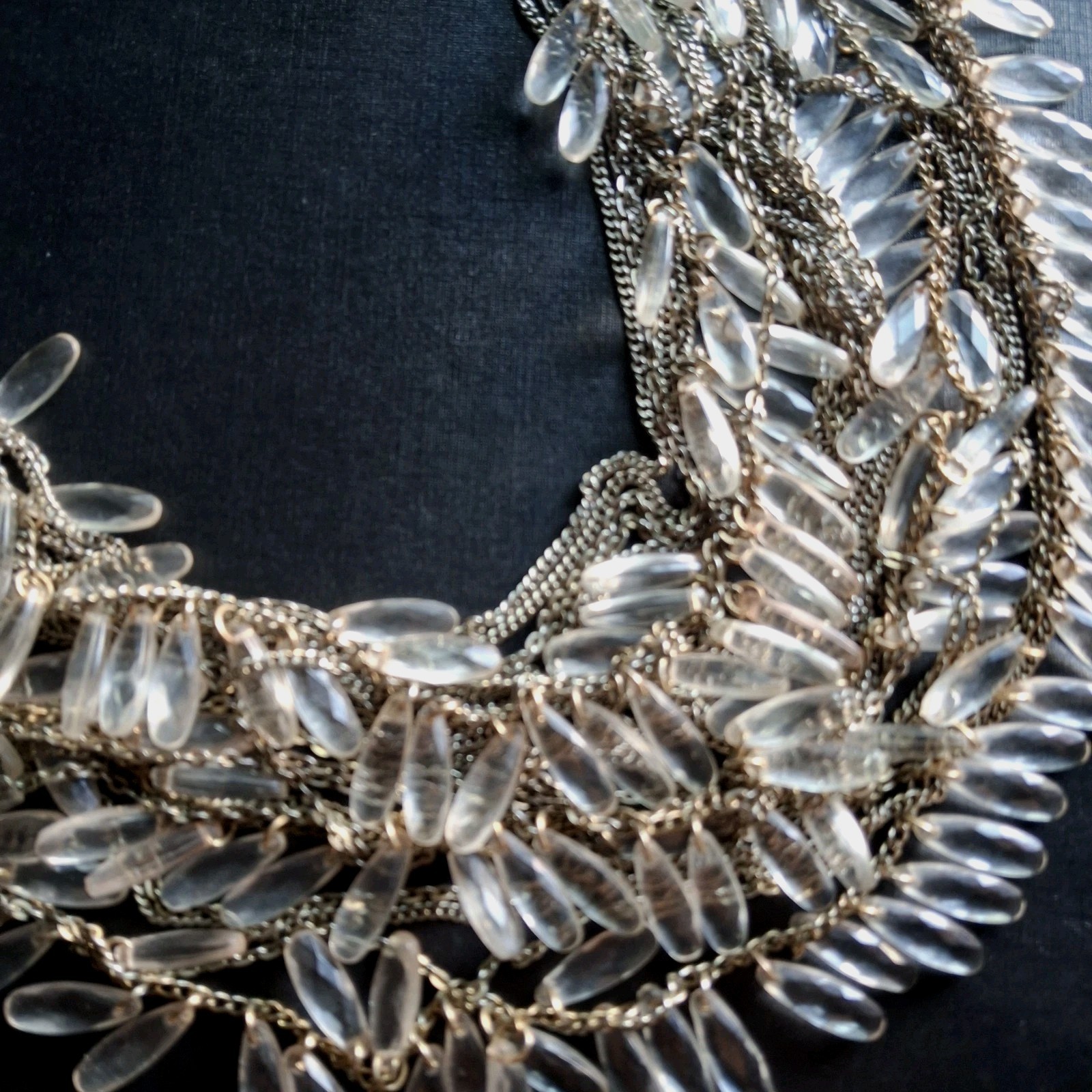 VTG Statement Bib Necklace Multi-Strand Fringe Featuring Clear Lucite Teardrops