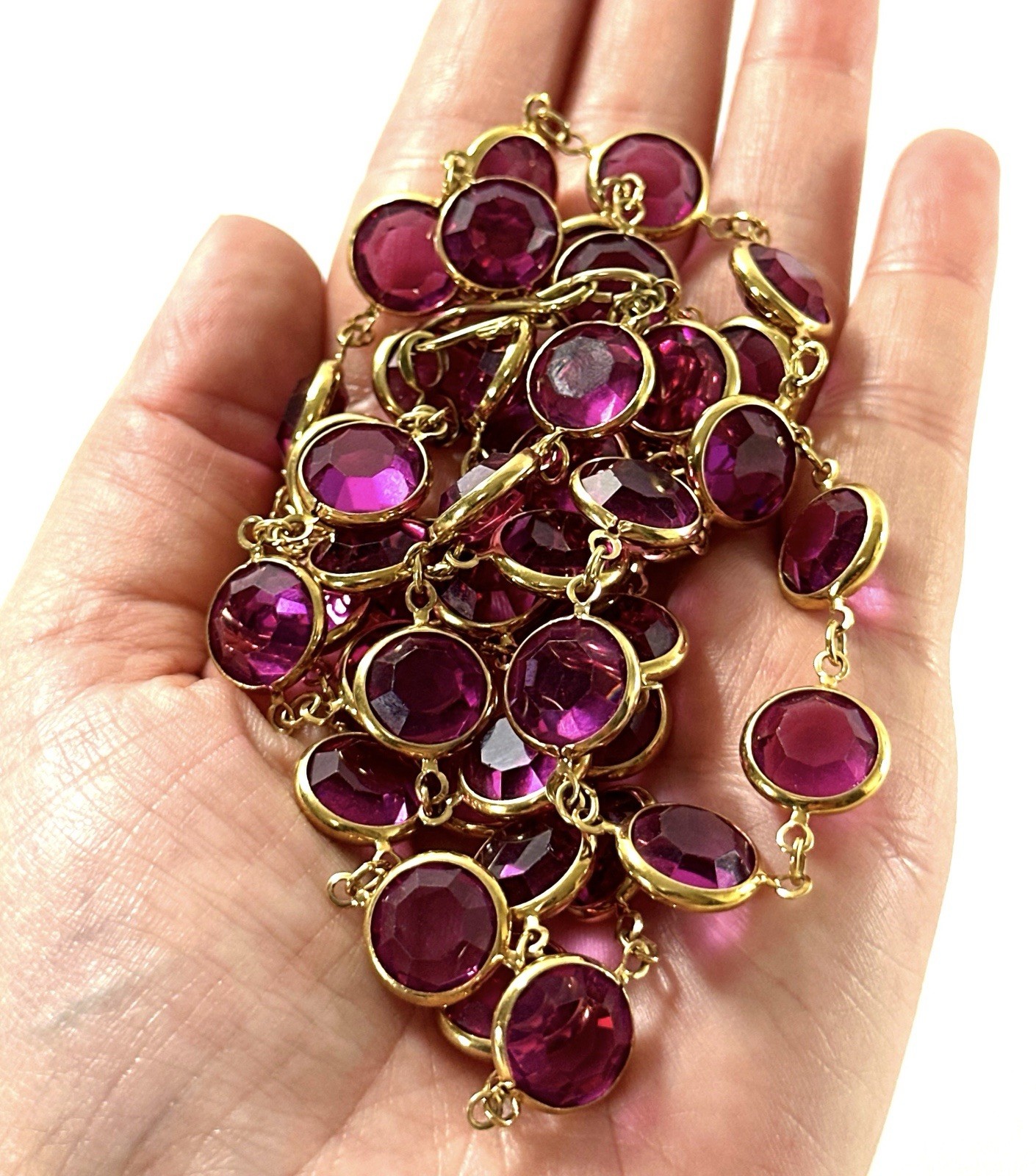 Vintage Swarovski Fuchsia Crystal Station Necklace 36” Gold Tone Open Back Bezel