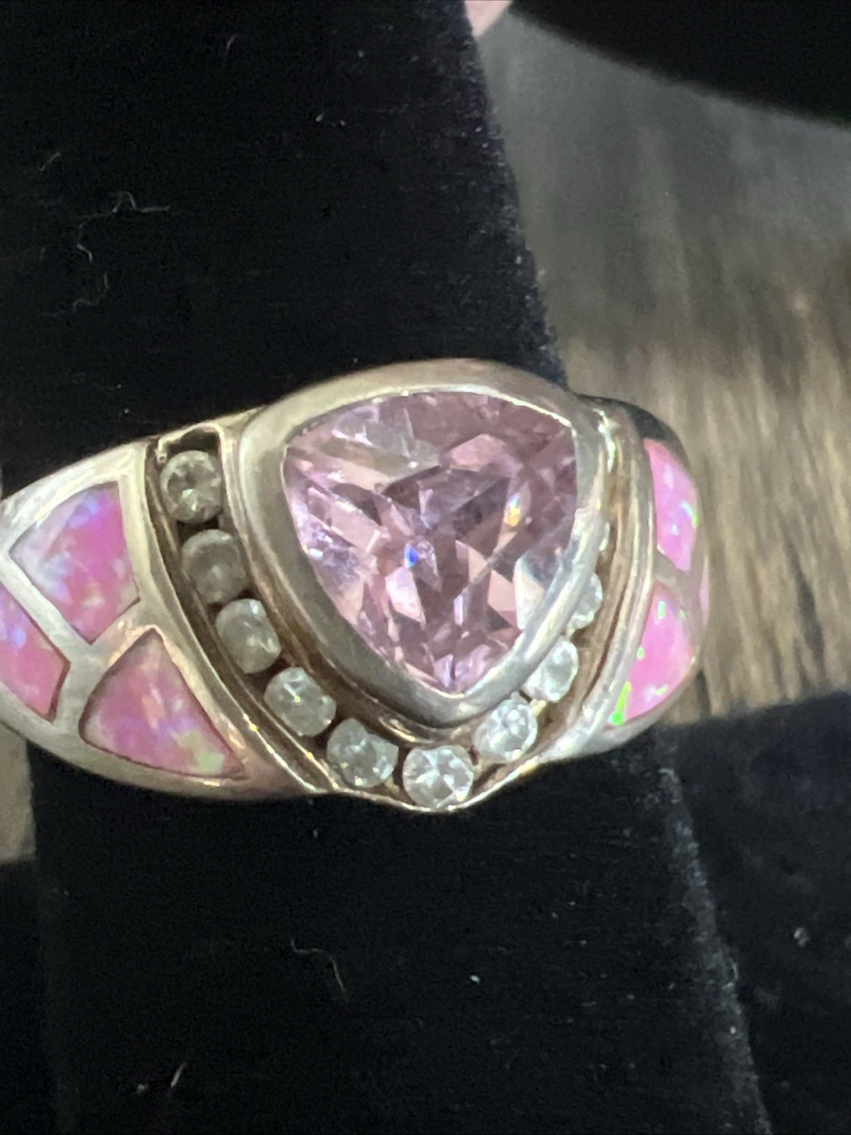 Stunning 925 Sterling Silver Pink Trillion Cut Ring with Inlay & Accents