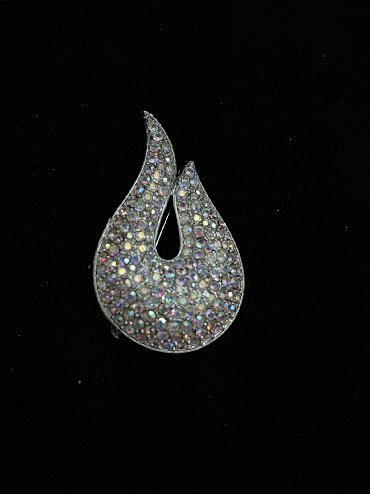 Vintage Leaf Brooch Wave Crystal Stones Silver Tone Metal